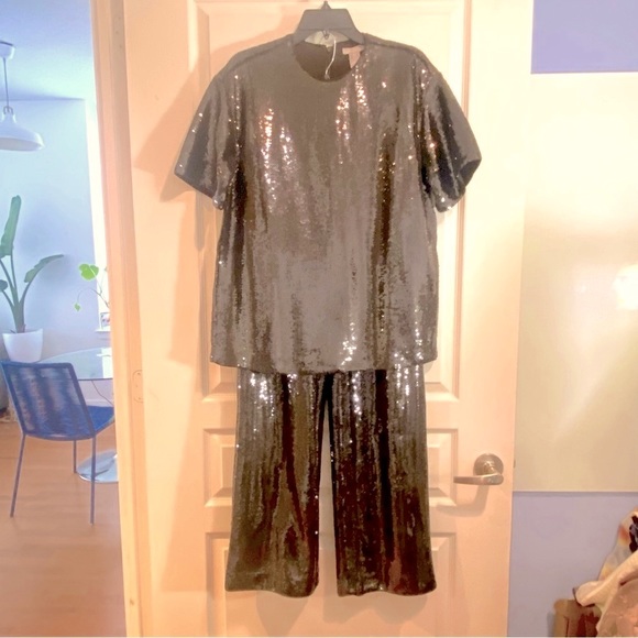 H&M Dark Brown Sequined Set - Top S / Pants size US 8 - Both NEW with tags - Picture 2 of 4